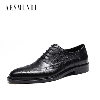 

Men's Genuine Leather Shoes Ostrich Pattern Cowhide Leather Pig Inner Round Toe Wedding Business Shoes 2019 New