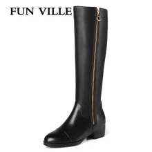 Новинка года; модные осенне-зимние женские сапоги до колена; натуральная кожа и искусственная кожа; черный цвет; круглый носок; молния; размеры 34-43