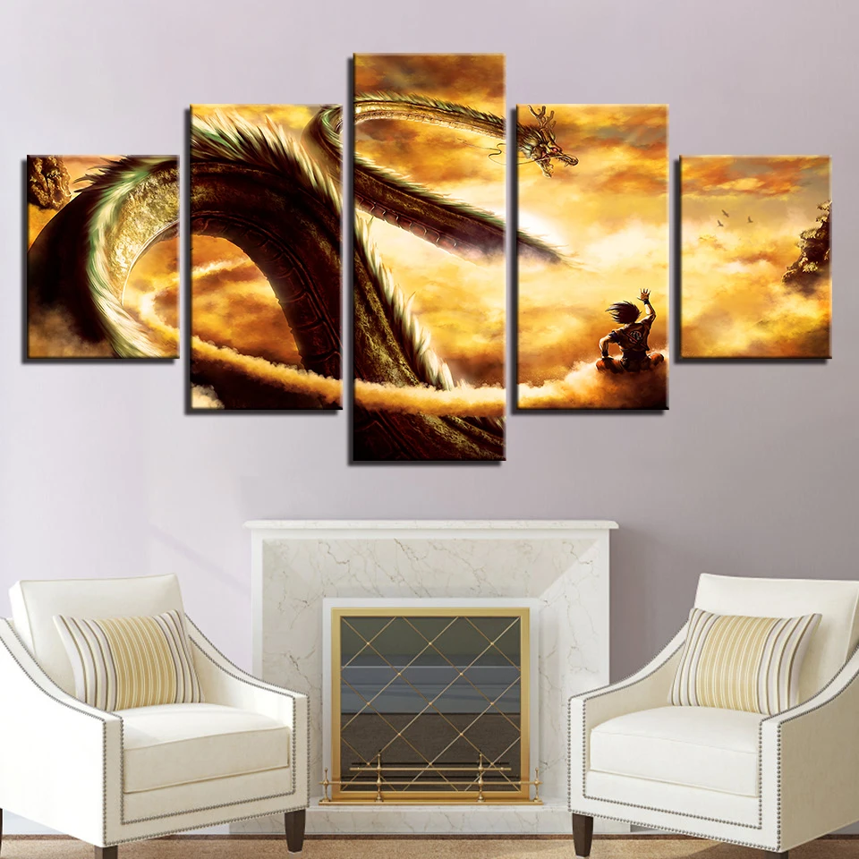 Lienzo HD impresiones Imagenes сравнению модерана Марко 5 piezas dibujos animados Dragon Ball Z pinturas Goku Ride Shenron