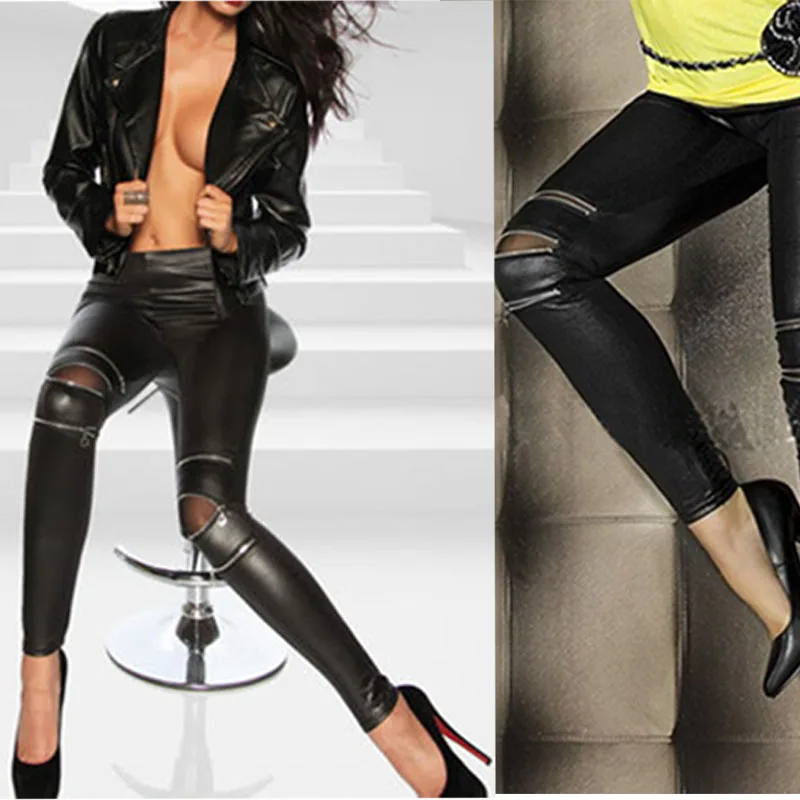 KLV пикантные женские черные кожаные обтягивающие штаны легинсы с молнией стрейч узкие брюки для одежда девочек