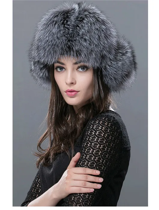Женская шапка из натурального Лисьего меха, зимняя русская теплая меховая шляпа Leifeng из натурального меха енота H#25 - Цвет: silver fox