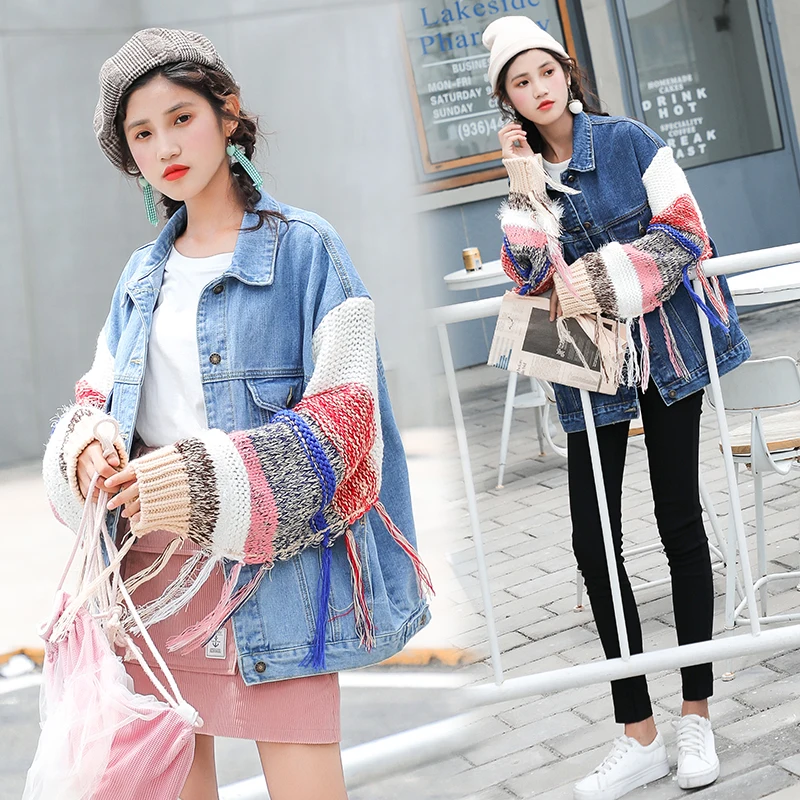 

2018 autumn and winter women's tassel knitting sleeve splicing denim jacket female fashion loose Colorful knit denim overcoat