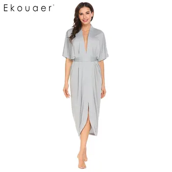 

Ekouaer Women Sexy Nightgown Nightwear Deep V-Neck Batwing Short Sleeve Solid Loose Nighties Female Sleepwear Night Sleep Dress