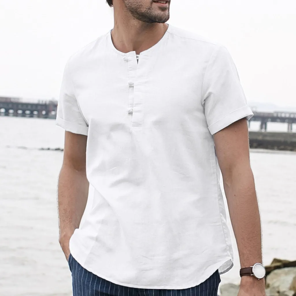 

MJARTORIA Men Shirt Summer Linen Short Sleeve 0 Collar Solid Color Loose Slim Fit Casual Shirt Blouse Mens camisas de hombre