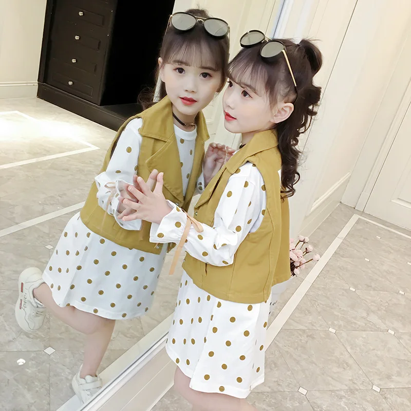 

Toddler girl clothes Kids clothes Princess dress-suit Dots dress+Vest Fashion Girl set Age for 4-12y Ropa nina Girls outfits