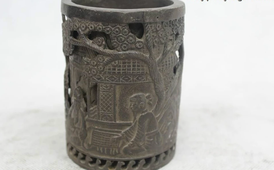 

4"Chinese Folk Pure Bronze excellent Lucky Lifelike play chess brush pot