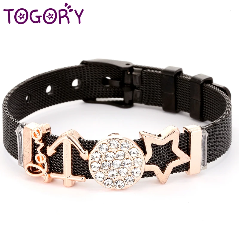 

TOGORY 2019 Hot Stainless Steel Mesh Bracelets Set Crystal Star Heart Charm Fine Bracelets Bangles for Woman Men Lover Gift