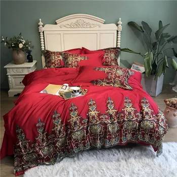 

Red Blue Luxury 100S Egyptian Cotton Royal Court Wedding Bedding Set Golden Lace Duvet Cover Bed Linen Bed sheet Pillowcases