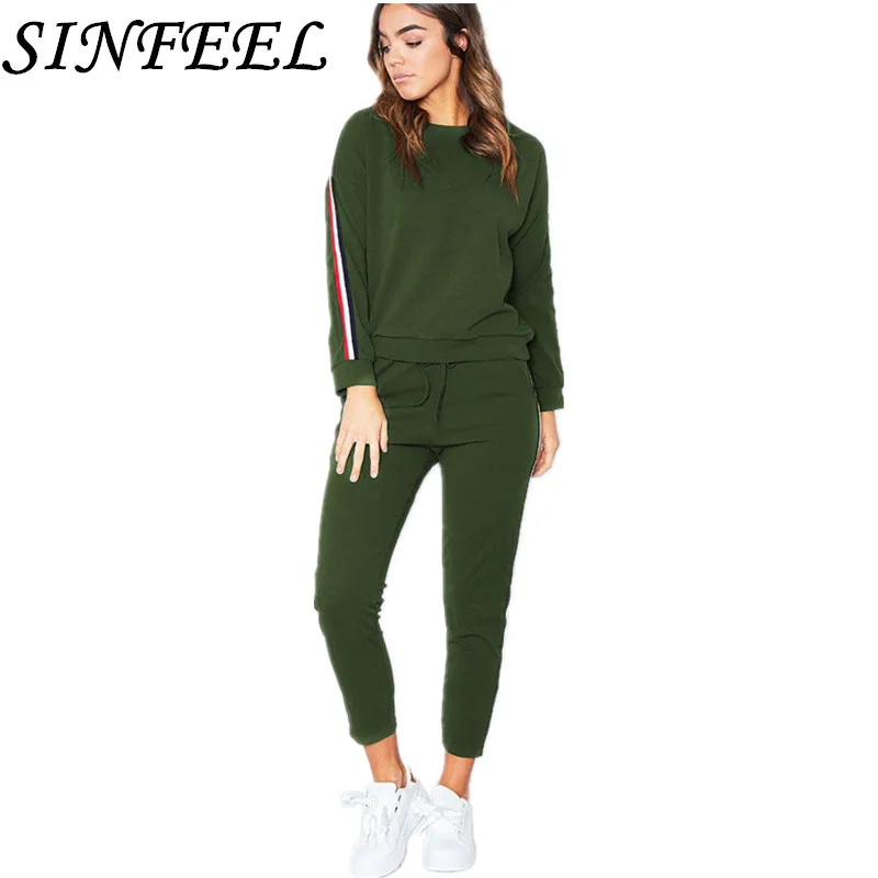 

SINFEEL Autumn Winter Women 2 Piece Set Top and Pants Striped Woman Set Sweatshirt Top and Drawstring Pants Set Tracksuit