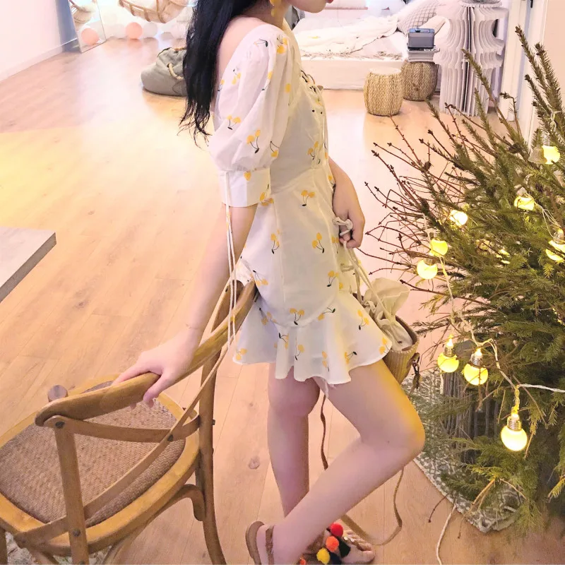 Summer dress vintage white ruffle lace up beach sexy dress elegant kawaii yellow cherry casual mini dress korean vestidos