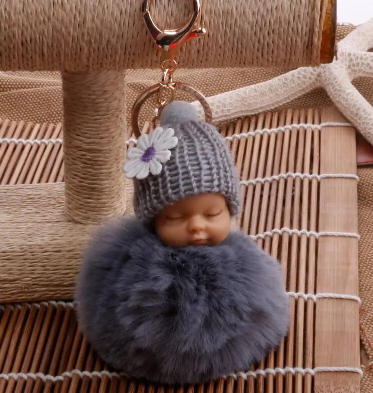 Спящая Детская кукла брелок с помпоном из искусственного меха кролика мяч Детская игрушка женский брелок сумка талисманы мягкие животные - Цвет: grey