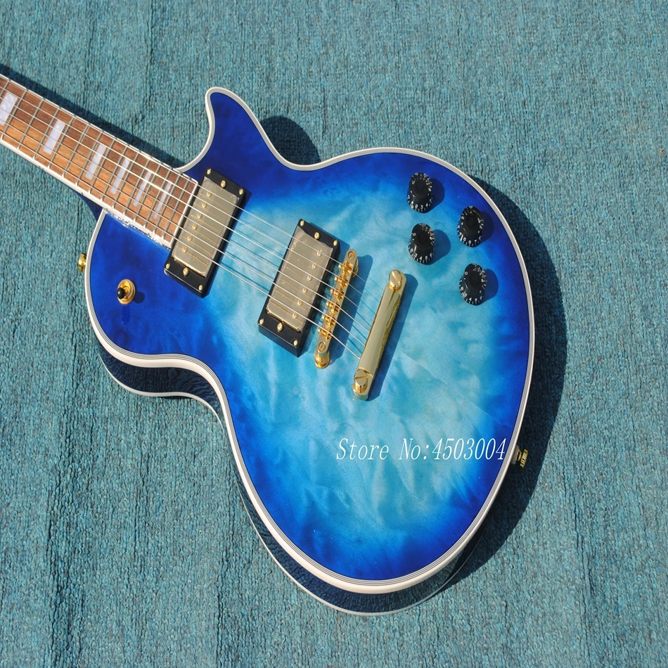 

In Stock New Electric Guitar, Blue burst Guitarra wirh Quilted Maple Top, Solid Mahogany with Golden Hardware