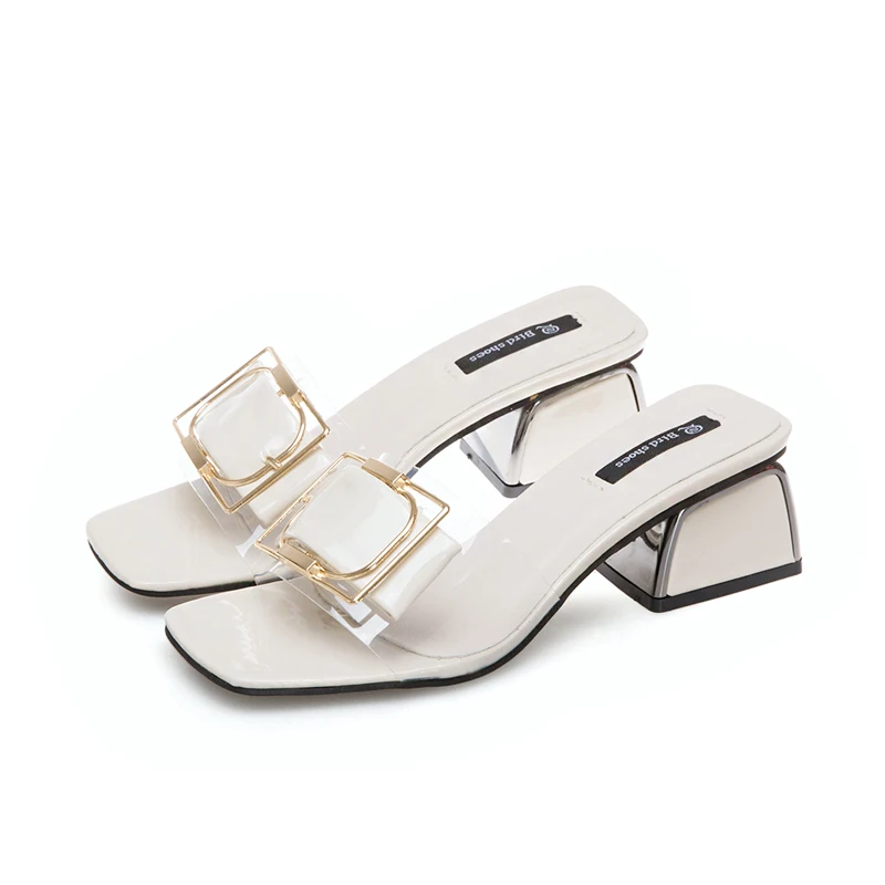 

Summer Sexy Transparent Women PVC Designer Shoes Clear Crystal Low Heels Slipper Open Toe Mule Comfortable Gingham Sandal High