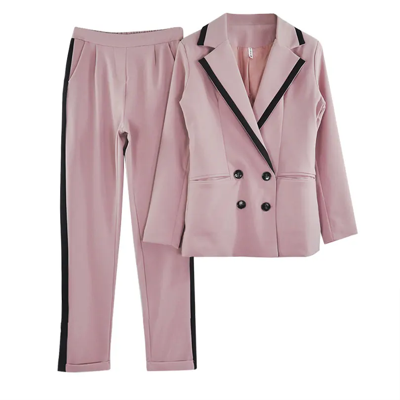Женский деловой костюм из двух предметов MVGIRLRU, разноцветный костюм с двубортным жакетом и прямыми брюками - Цвет: Pink