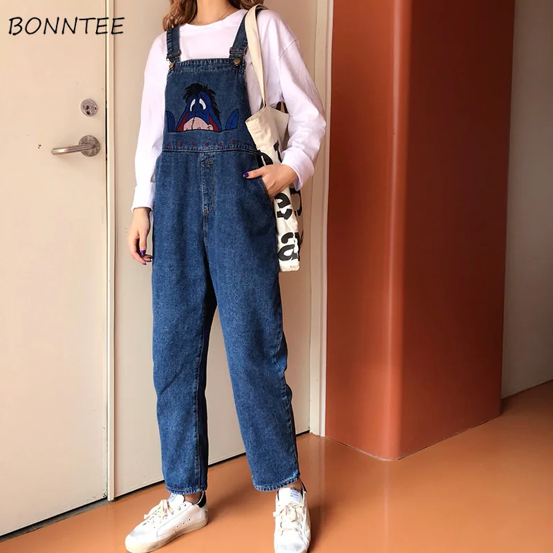 

Jumpsuits Women Kawaii Cartoon Embroidery Trendy Korean Pockets Retro Denim Strap Trousers Casual Student Womens Jumpsuit Ladies