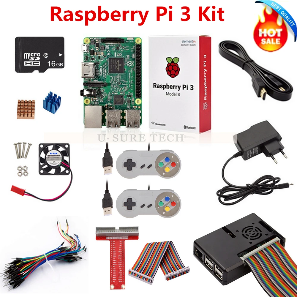 Raspberry Pi 3 B Board 16G SD Card Power Adapter Game Controller HDMI Cable Case Heat