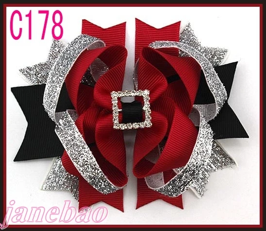 

free shipping-D 65pcs Christmas feather hair bows Candy Cane Bow Santa Hair clip Reindeer Headband, layered corker bows