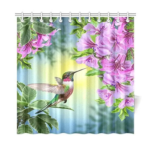 

Shower Curtain, Art with Colibri Bird And Tree Branch Fuchsia Flower Romantic Springtime Tropics Nature Bathroom