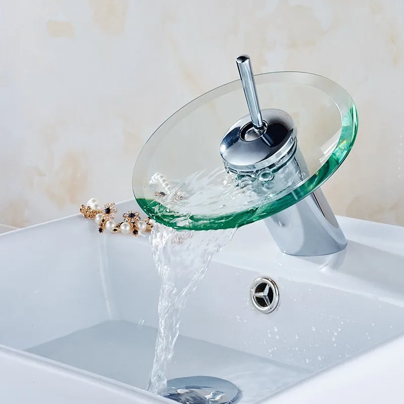 Günstige Neue Bad Wasserfall Becken Waschbecken Mischbatterie Wasserhahn Chrom Poliert Glas Rand Wasserhahn Wasserhahn Mit Wasser Einlass Rohr