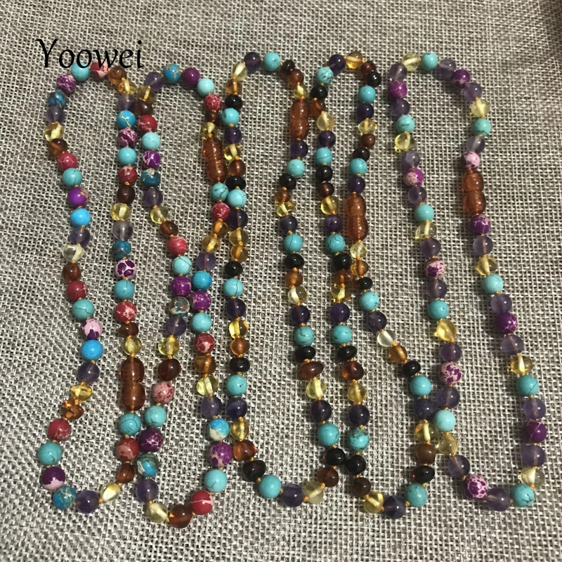 Yowei новое ожерелье из натурального янтаря/браслет для детей и взрослых, натуральные драгоценные камни, лазурит, розовый кварц, ювелирное изделие из приморского янтаря