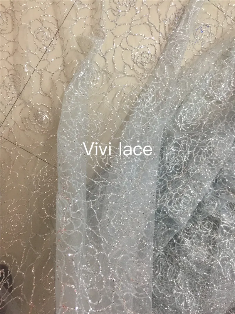 

QQ05# 5yards/bag silver/green/ dark blue flower hand print glitter tulle mesh lace fabric for wedding dress/sawing lace