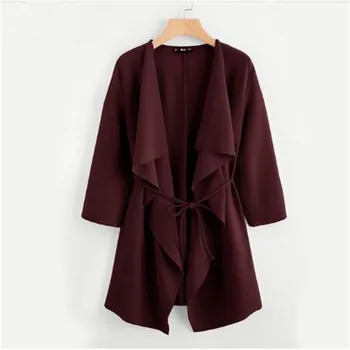 

Waterfall Collar Trench Coat Women Pocket Front Wrap Burgundy Long Sleeve With Belt Outerwear Autumn Elegant Coat