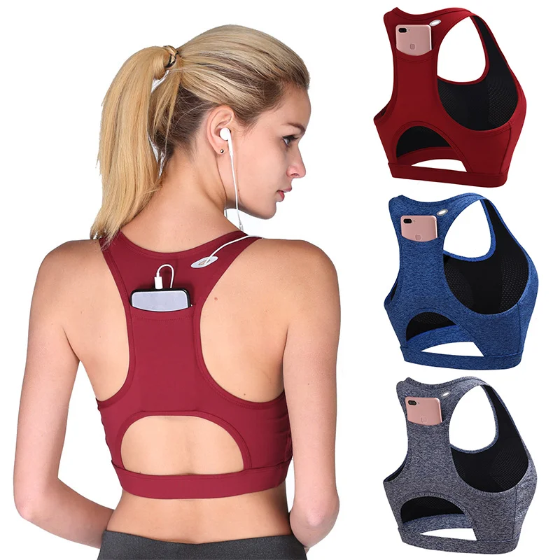 Women Sports Bra Phone Pocket Racerback Full Coverage Wireless