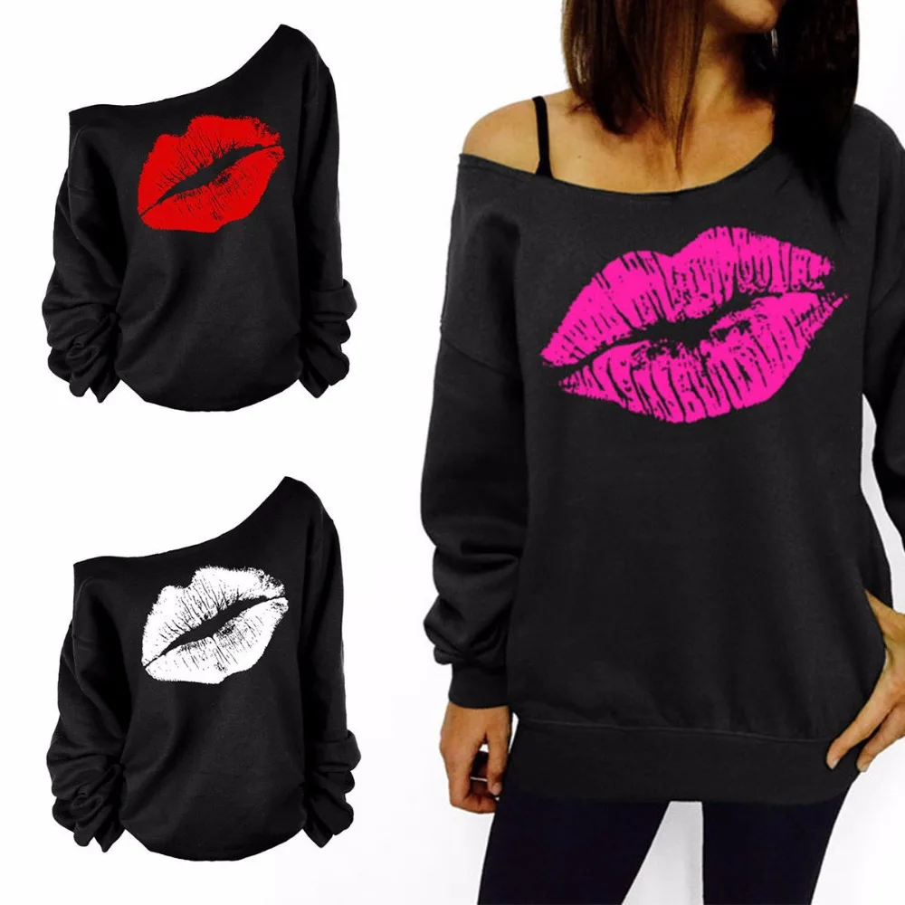  XUANSHOW Fleece Sweatshirts Women Sexy Red Big Lips Printed Off Shoulder Long-Sleeved Edge Pullover