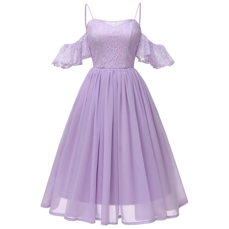 

Simple Prom Dresses Chic A-line Tea-Length Chiffon Lace Bridesmaid Dress Sexy V Neck Spaghetti Straps Ruffles Midi Party Dresses