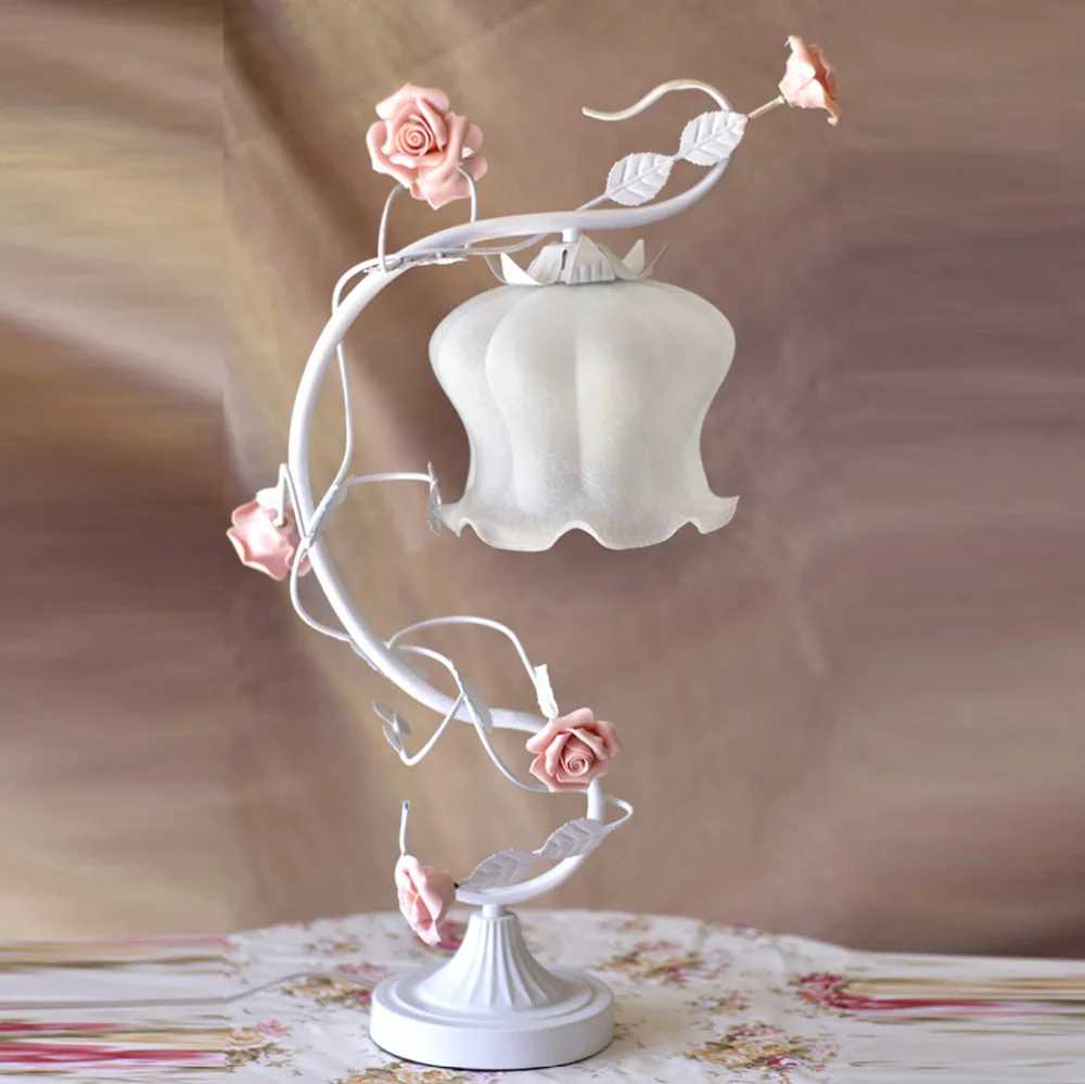 White-Green-Iron-pink-rose-flower-glass-table-lamp-light-lighting-Vintage-wedding-bedroom-gift-E27