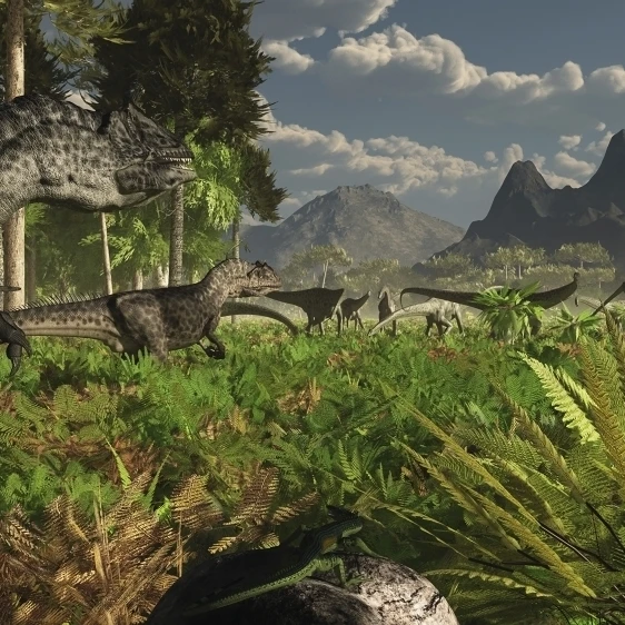 Allosaurus and Diplodocus dinosaurs roam western North America Poster Print (37 x 21)