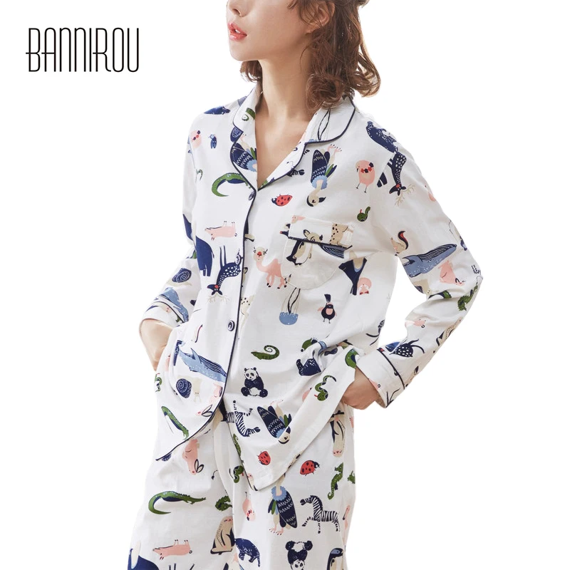 

Animals Woman Full Pajama Set 100% Cotton Colorful White Cardigan Button Spring Autumn Winter Home Clothings Cure Female Pyjamas