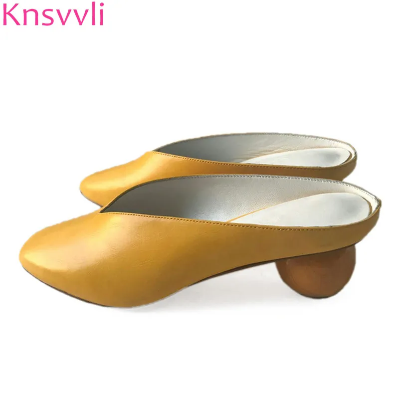 

Knsvvli new egg heel mules shoes women square toe yellow black genuine leather ladies shoes strange style heel woman slippers