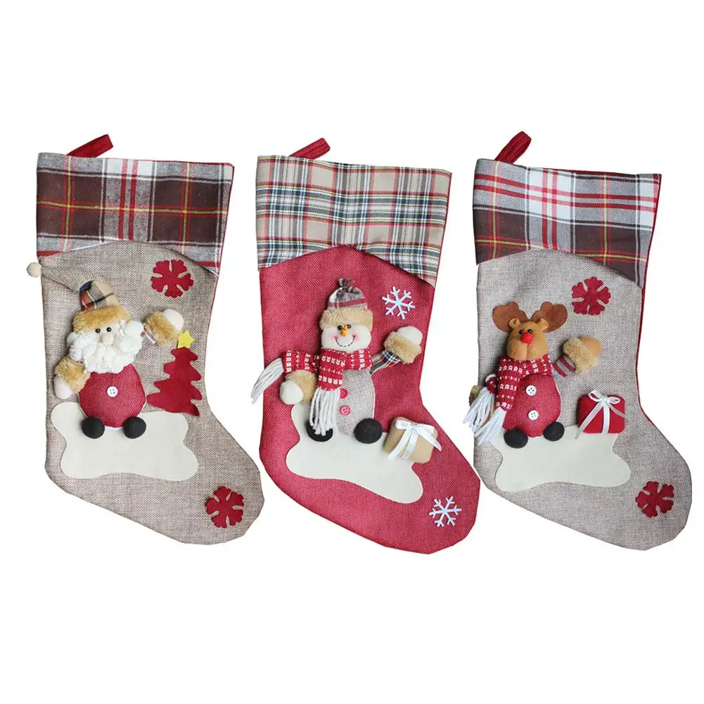 

3PCS Christmas Stocking Sock Ornament Santa Snowman Socks New Year Christmas Decoration For Home Kids Gifts
