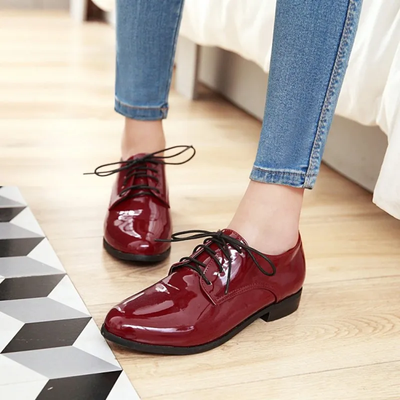Женские туфли оксфорды на плоской подошве размеры 34 50|round toe flats|shoes flatsshoes patent leather |