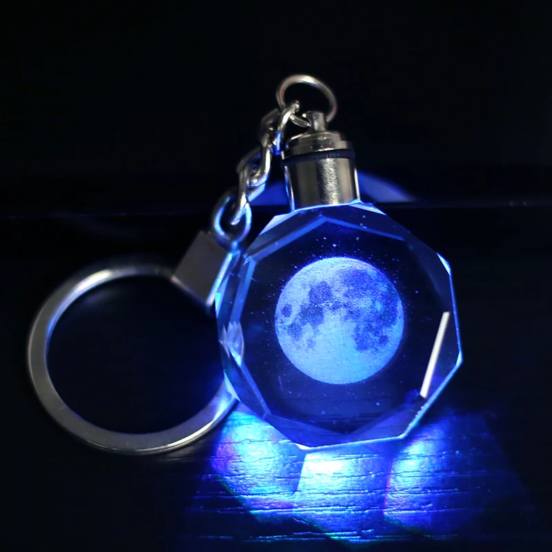 Кристалл луна брелок для ключей с лазерной гравировкой миниатюрное кольцо для ключей Луна красочный брелок со светодиодной лампой подвеска висячий подарок украшение дома