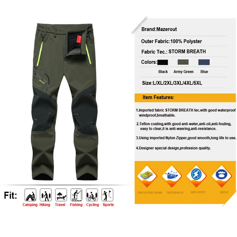 Los hombres de gran tamaño más tamaño de invierno suave de lana pantalones al aire libre de senderismo campamento de pesca subir senderismo esquí cálido pantalones de viaje envío gratis