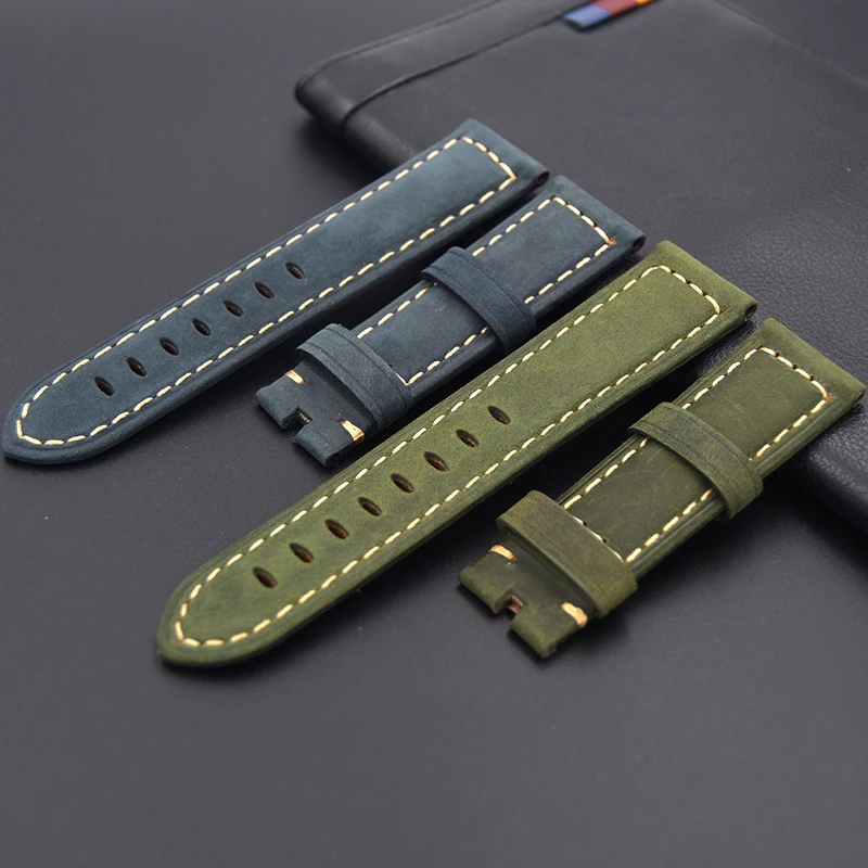 Новые мужские синие зеленые 22 мм 24 мм ручной работы итальянские винтажные часы из натуральной кожи ремешок без пряжки ремешок для часов Panerai PAM