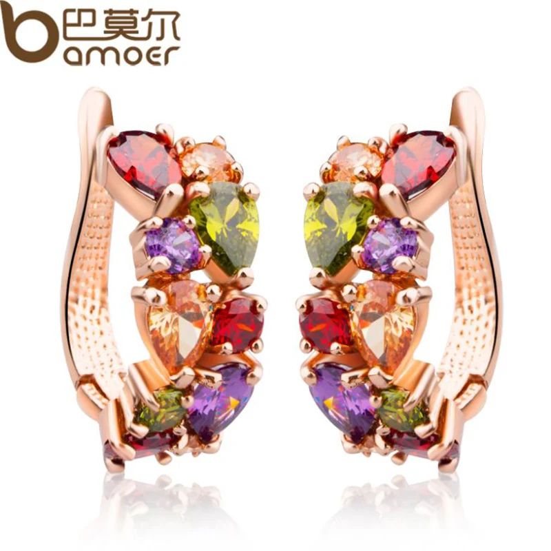 

BAMOER Gold Color Unique Stud Earrings with Multicolor AAA Zircon Stone Nickel, Cadmium free Jewelry JIE020