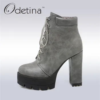 

Odetina 2017 New Elegant Ankle Boots Women Square Thick Heel Platform Boots Lace Up Ankle Booties High Heels Fashion Shoes Work