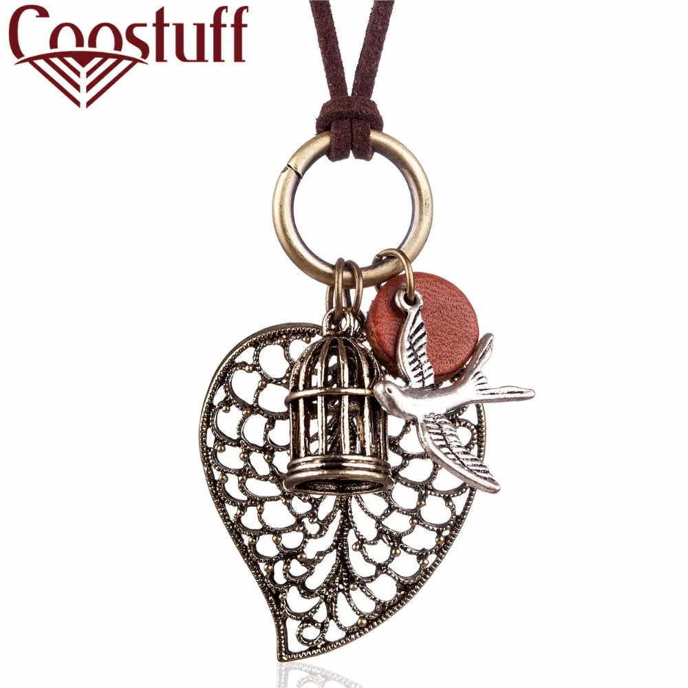 Wholesale Women Jewelry Vintage Leaf Bird Birdcage statement necklaces & pendants collares mujer