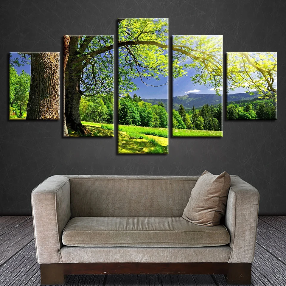 

Art Prints Decor Wall Canvas Painting Modular 5 Pieces Green Tree Forest Mountain Sunshine Natural Scenery Pictures Poster Frame