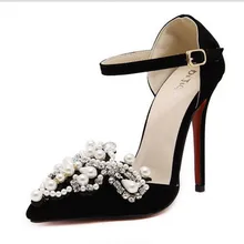 Pearl Crystal Princess Pointed Toe Suede Ankle Strap Dress Sandal Pumps Rhinestones Embellishment Party Stiletto High Heels