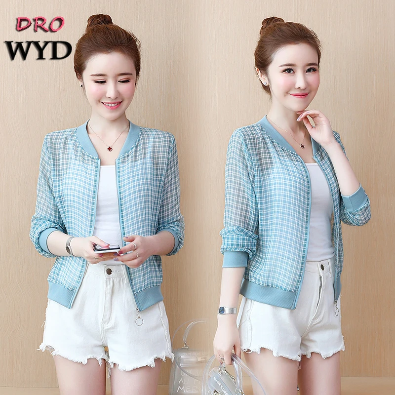 

Fashion Transparent Thin Blue Color Baseball Short Jacket Women Casual Hollow Bomber Tops Fashion Outdoor Breathable Plaid Coat