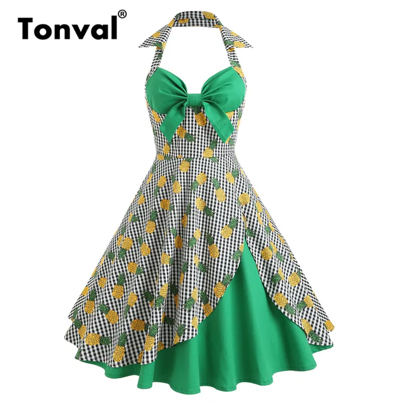 

Tonval Sexy Pin Up Girls 1950S Halter Dress Pineapple Print Green Dresses Women Plaid Retro Party Retro Dress