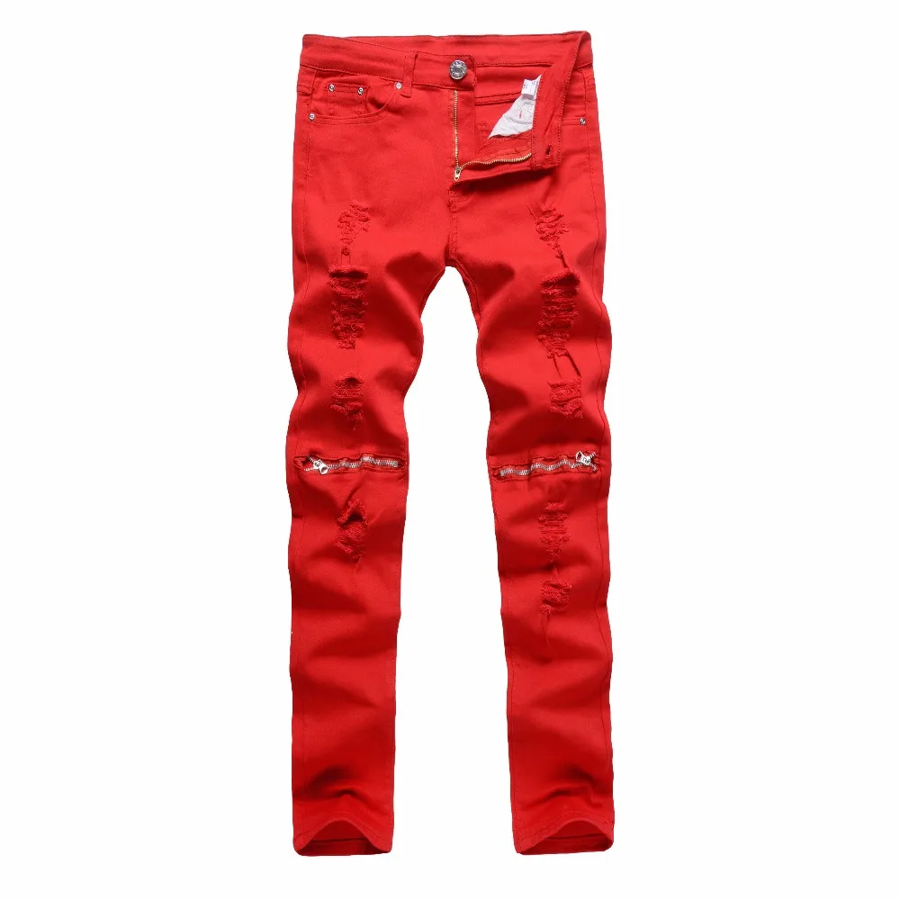 Hot sell fashion high street men red jeans Casual hole ripped zipper ...