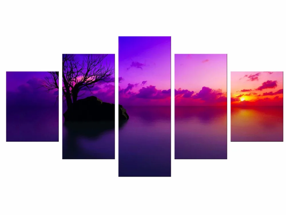 

5 Pieces Purple Seascape Beach Sunset Canvas Print Wall Canvas Art Tree Oil Painting For Living Room Decor Framed