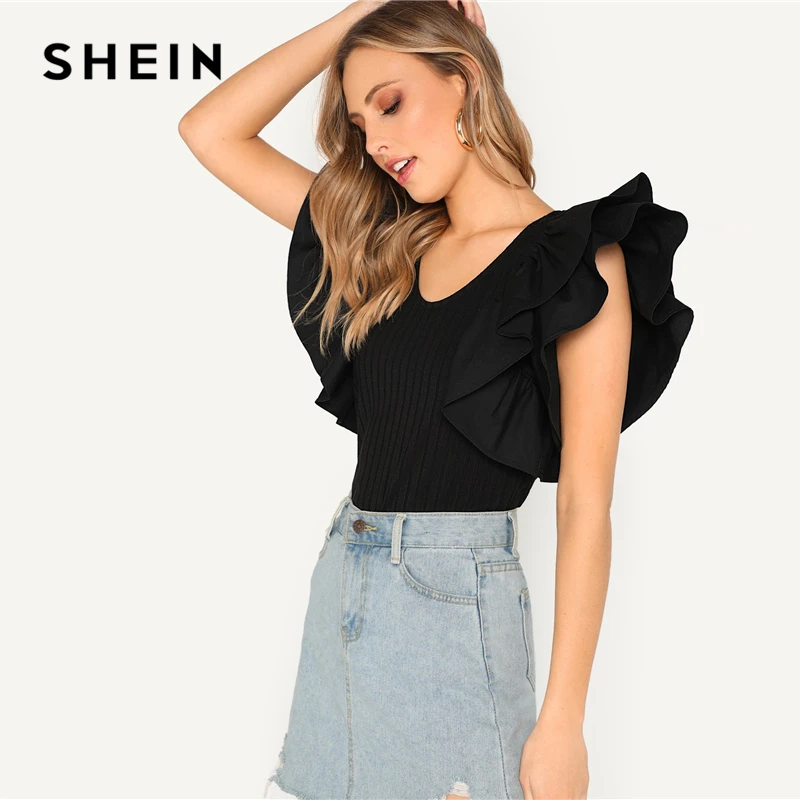 SHEIN الأسود الطبقات الطبقات كشكش كم ضلع متماسكة جاهزة المحملة تي شيرت المرأة الصيف عالية الشارع عارضة الصلبة التي شيرت قمم