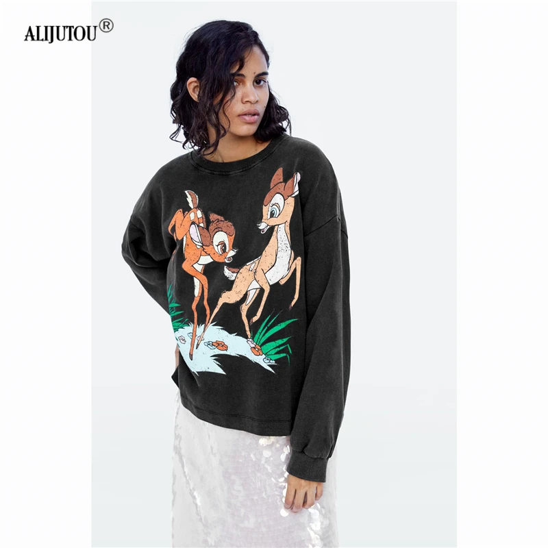 Zaraing&Bambi Spring 2019 Cartoon Printed Casual Sweatshirts Women Pullover O Neck Long Sleeve Streetwear Cute Hoodie Top Female