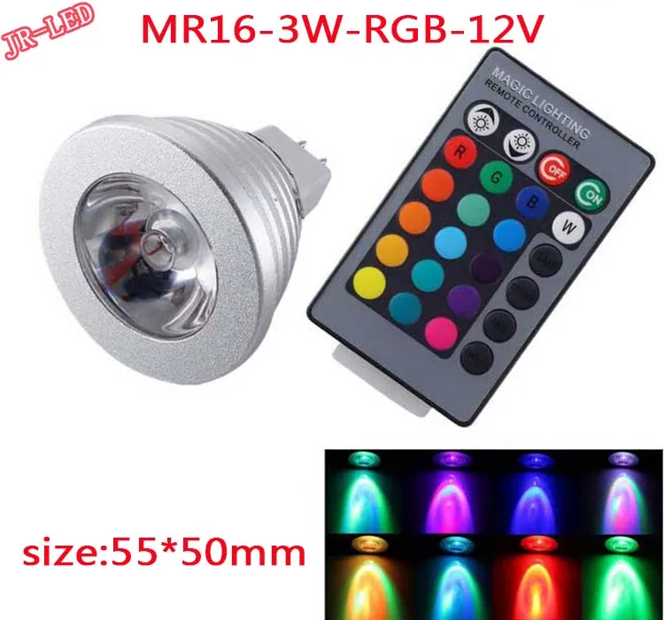 1 шт. MR16 светодиодный RGB лампа AC/DC 12 В 3 Вт светодиодный RGB Точечный светильник с регулируемой яркостью волшебный праздник RGB светильник ing+ ИК пульт дистанционного управления 16 цветов